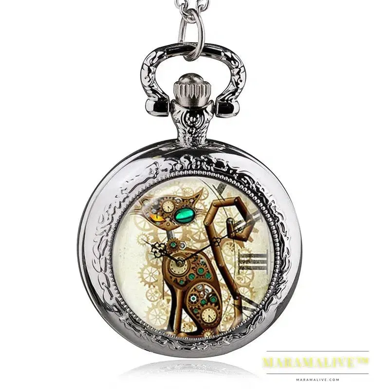 Bronze Vintage Steampunk Cat Locket Necklace Pocket Watch Pendant Gift