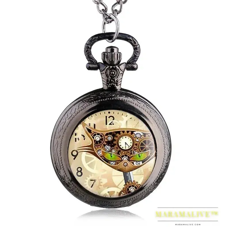 Bronze Vintage Steampunk Cat Locket Necklace Pocket Watch Pendant Gift