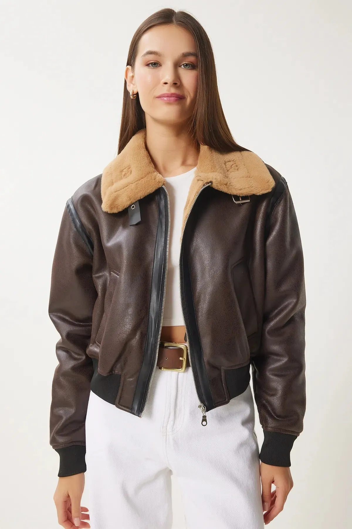 Brown Faux Leather Bomber Jacket