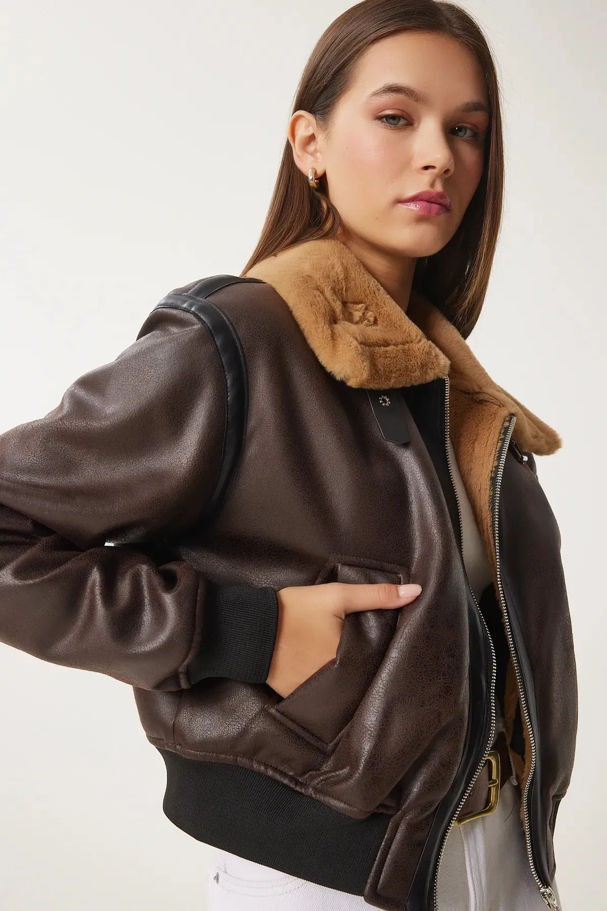 Brown Faux Leather Bomber Jacket