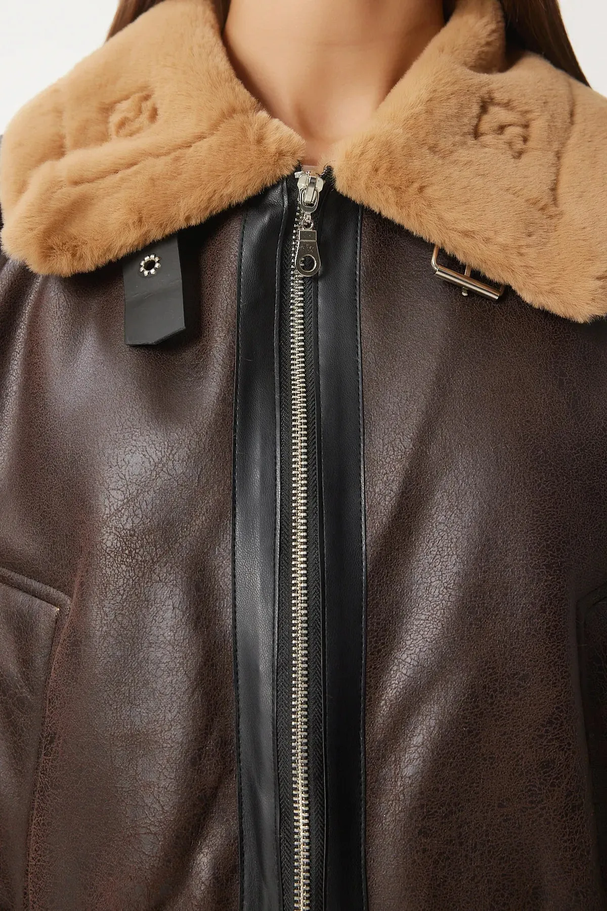 Brown Faux Leather Bomber Jacket