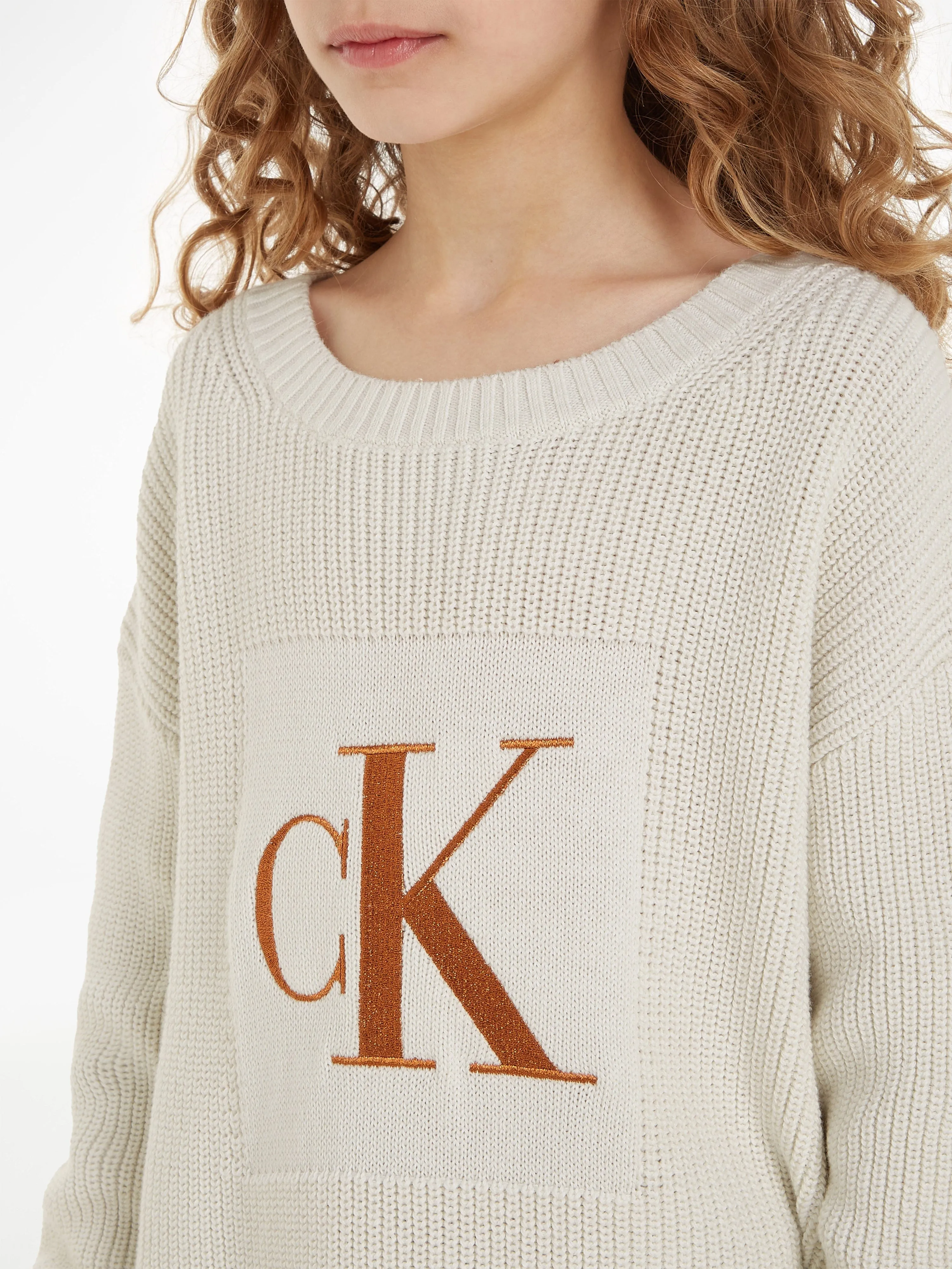 Calvin Klein Girls Bronze Monogram Slit Sweater in Ivory