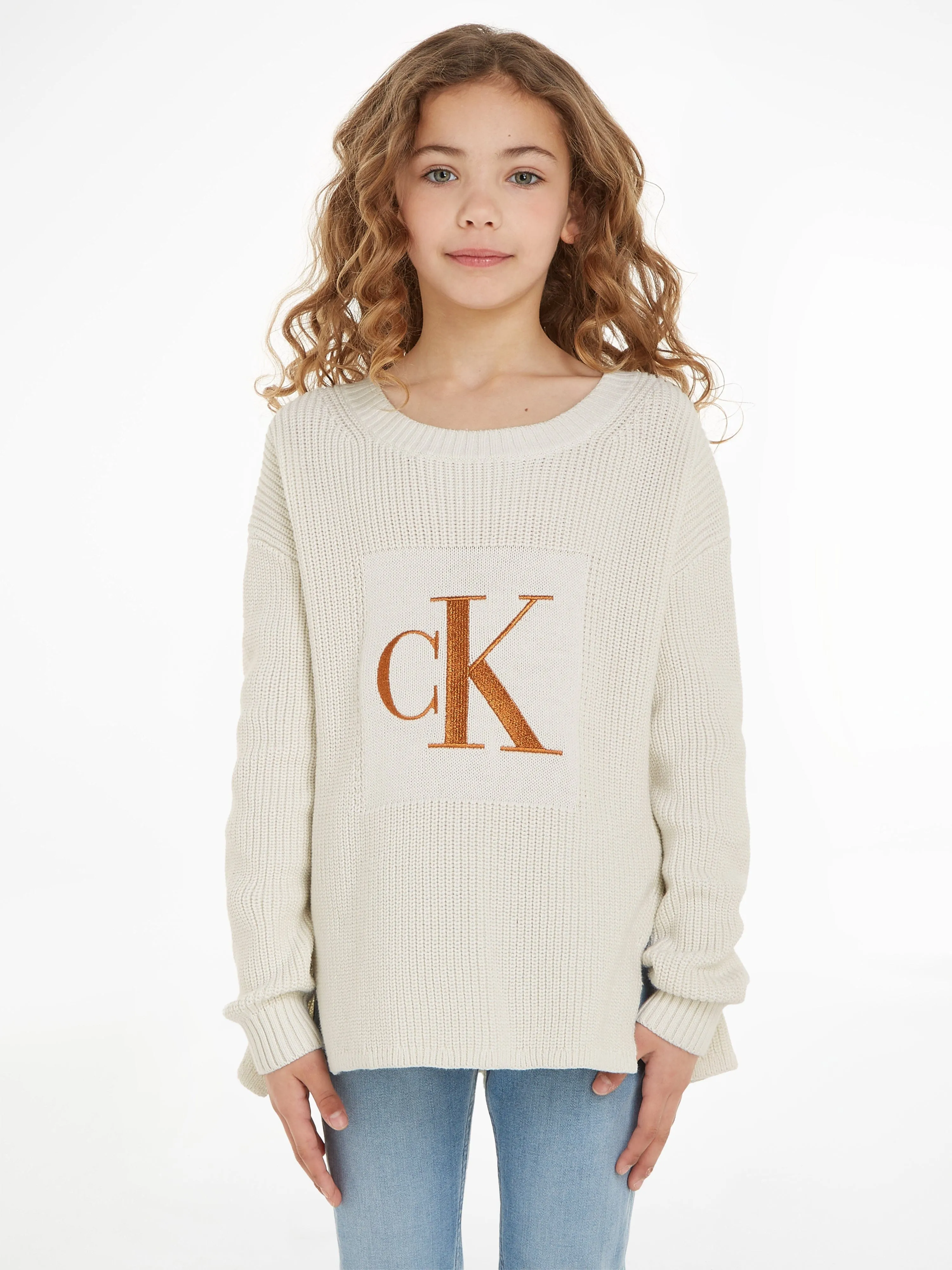 Calvin Klein Girls Bronze Monogram Slit Sweater in Ivory