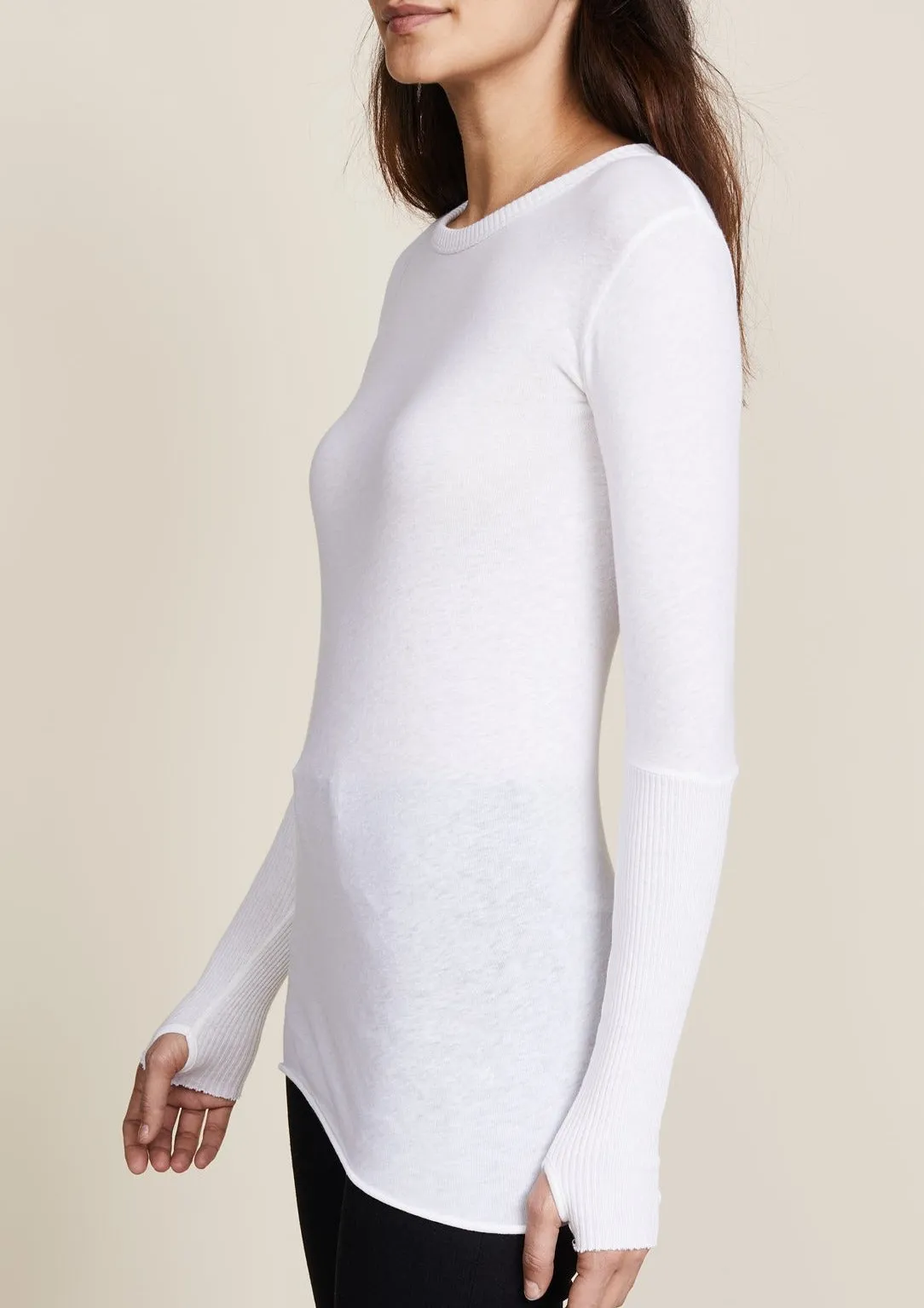 Cashmere Cuffed Crew Neck Sweater - White