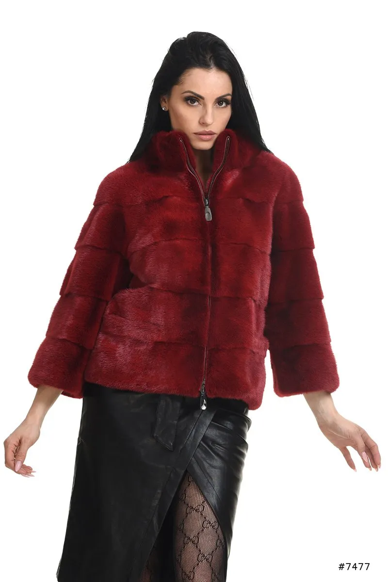 Casual short mink fur jacket with stand up collar