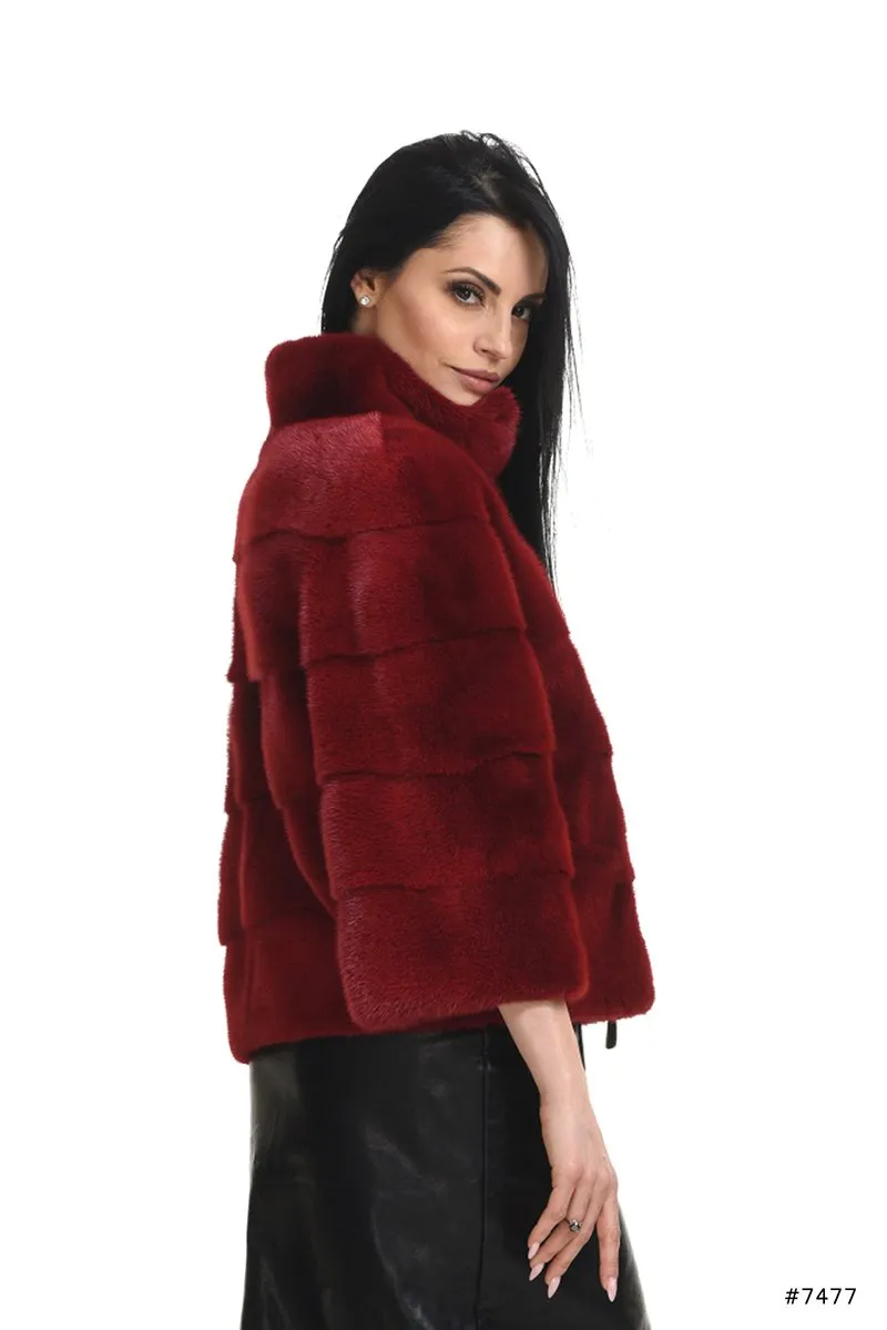 Casual short mink fur jacket with stand up collar