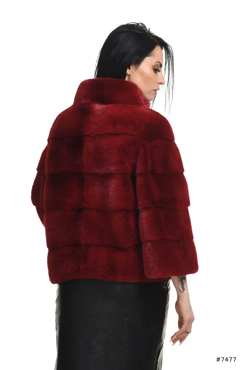 Casual short mink fur jacket with stand up collar