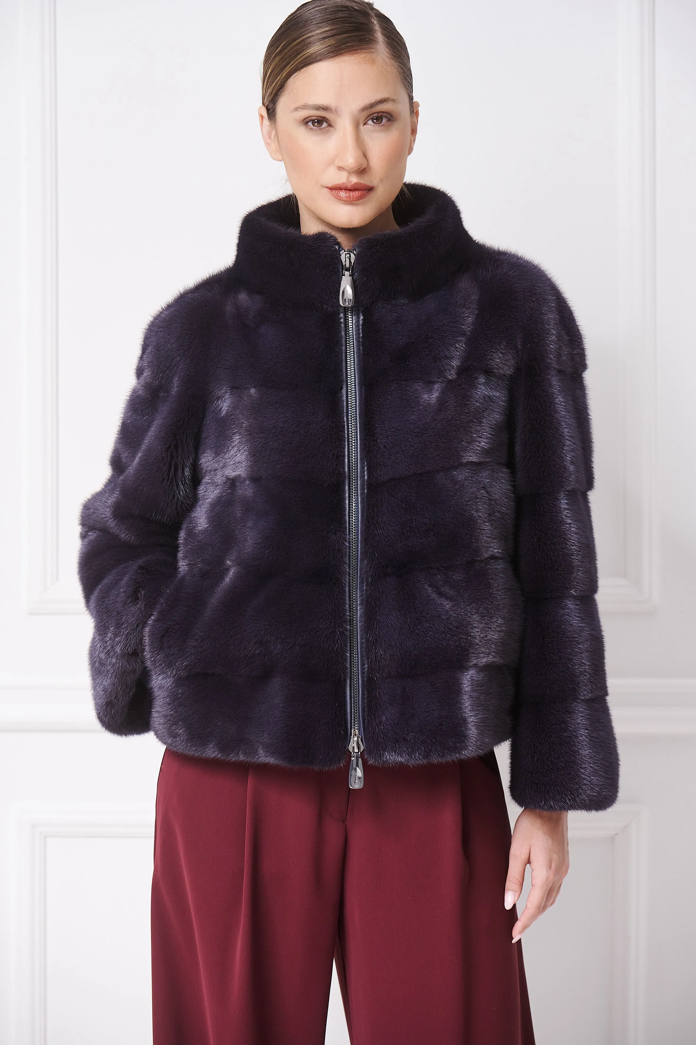 Casual short mink fur jacket with stand up collar