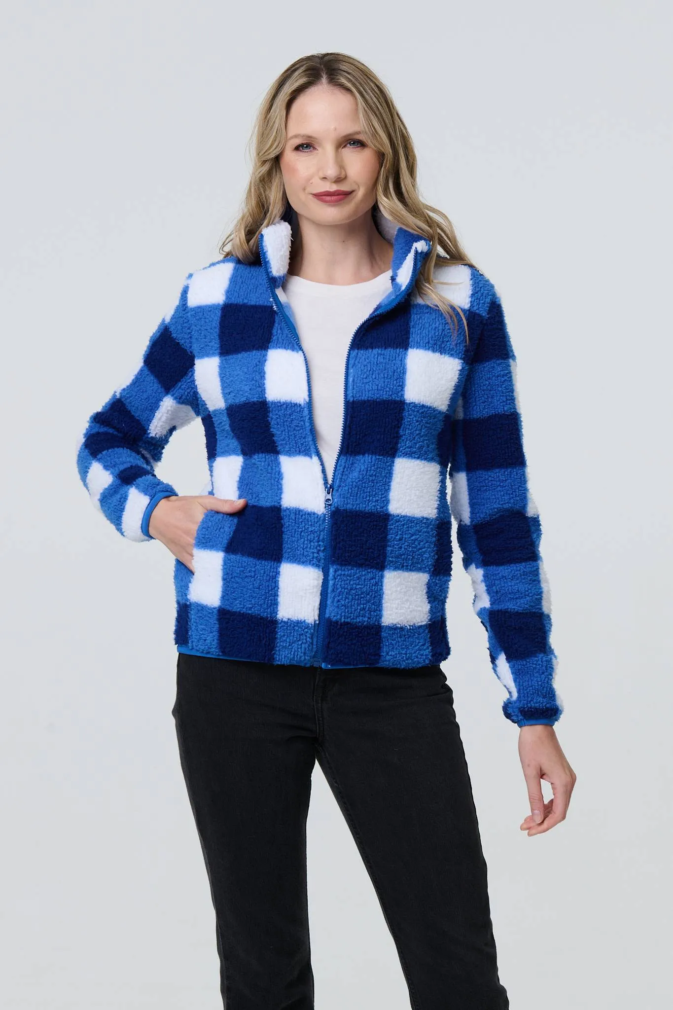 Checked Print Teddy Fur Zip Front Jacket