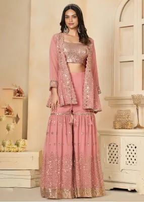 Coral Pink Faux Georgette Indo Western Gharara Style Suit