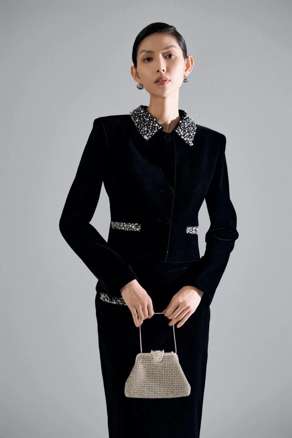 Cynthia Cropped Square Shoulder Velvet Jacket