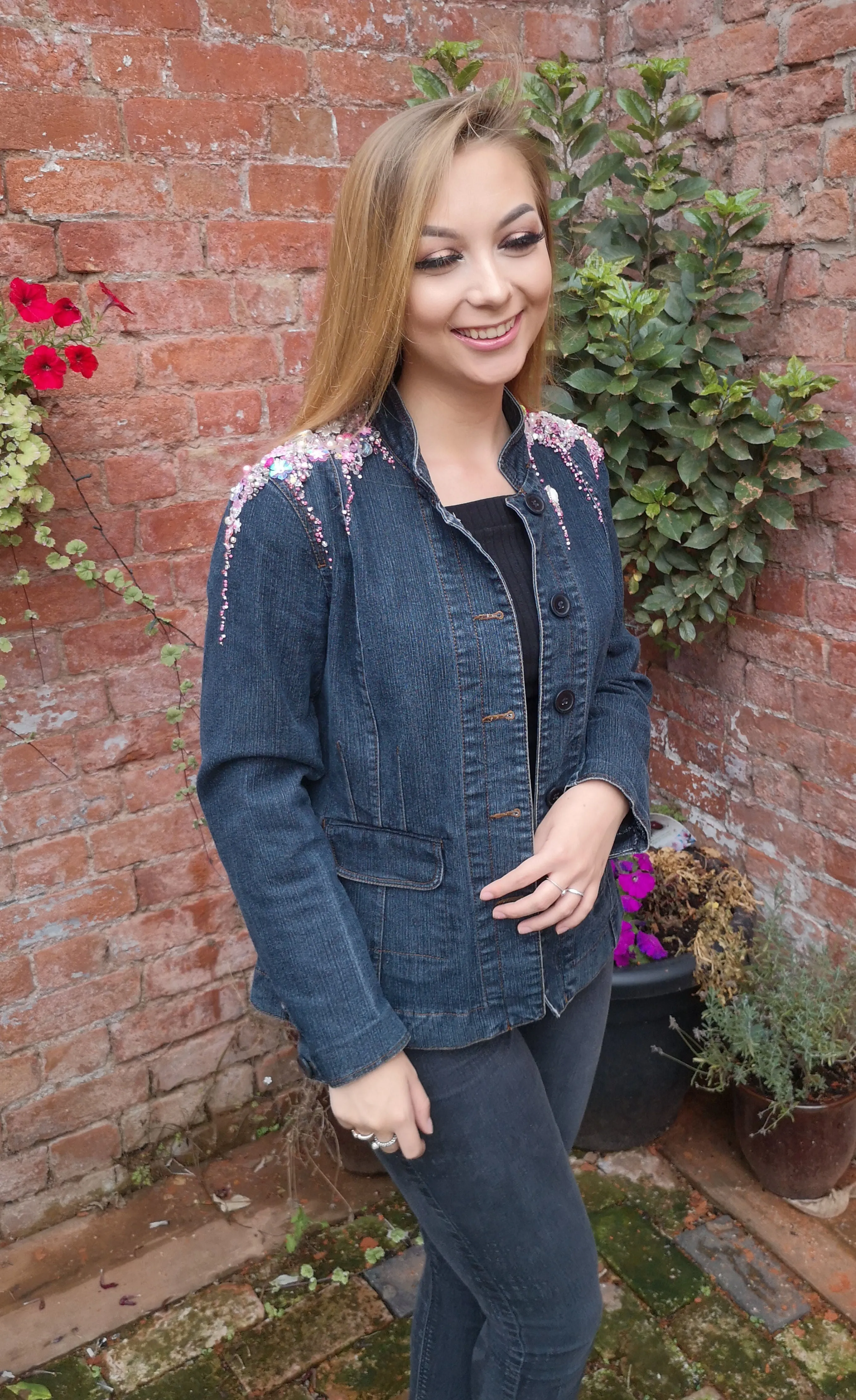 Dark denim, boho, blazer, up-cycled blinged jacket, ladies size 40 inches, 12-14 UK