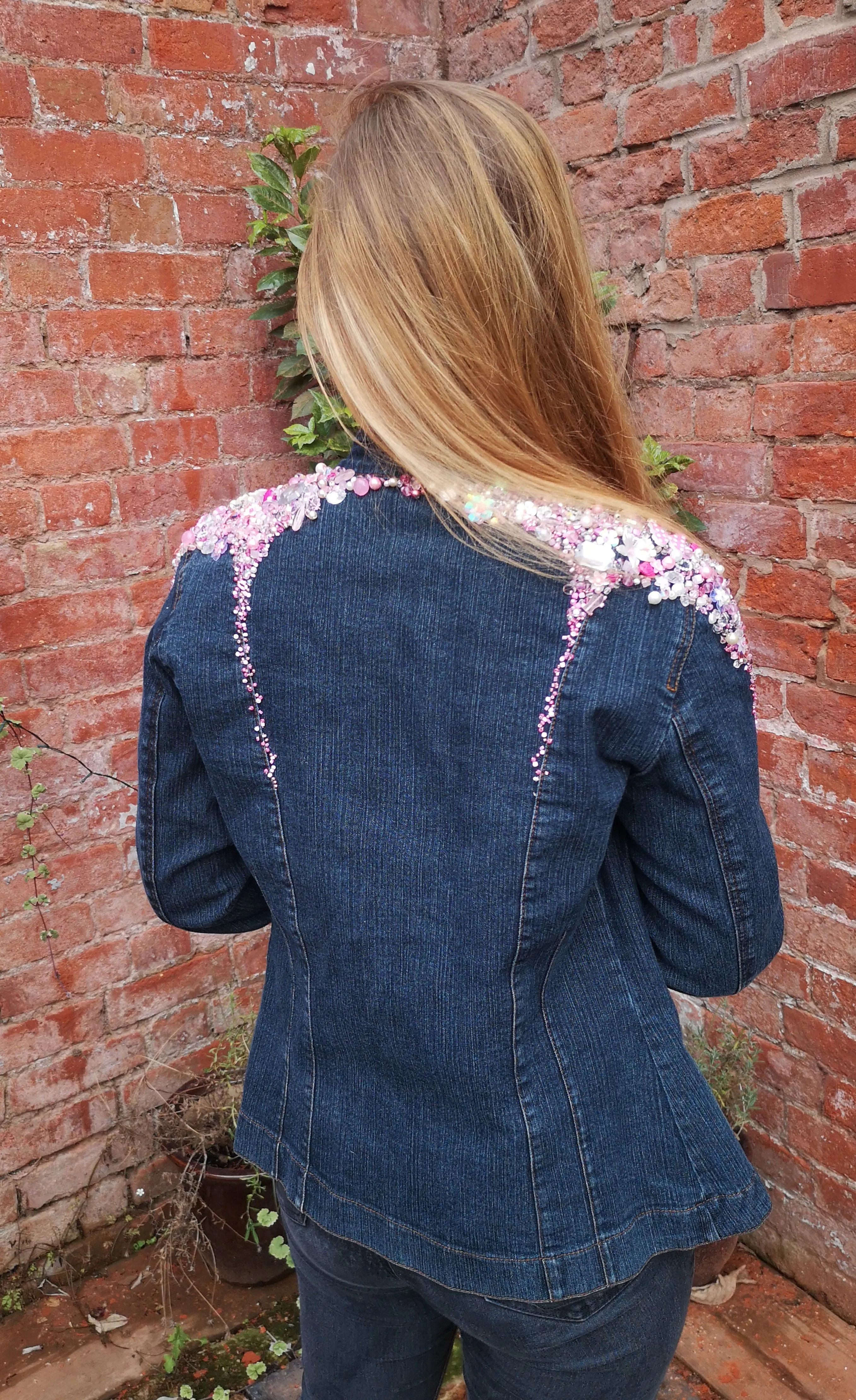 Dark denim, boho, blazer, up-cycled blinged jacket, ladies size 40 inches, 12-14 UK