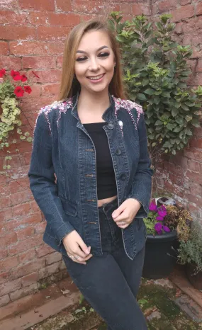 Dark denim, boho, blazer, up-cycled blinged jacket, ladies size 40 inches, 12-14 UK