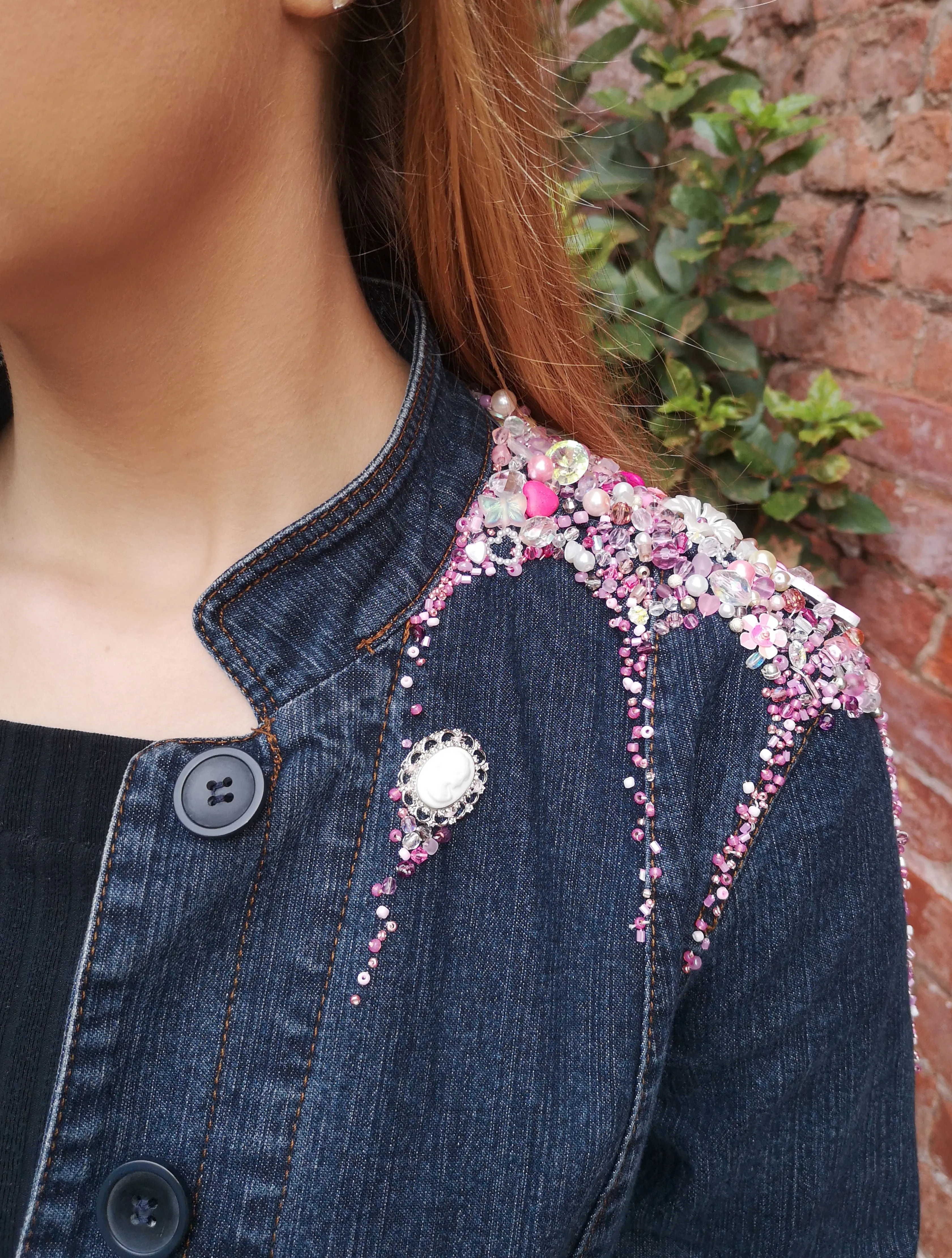 Dark denim, boho, blazer, up-cycled blinged jacket, ladies size 40 inches, 12-14 UK