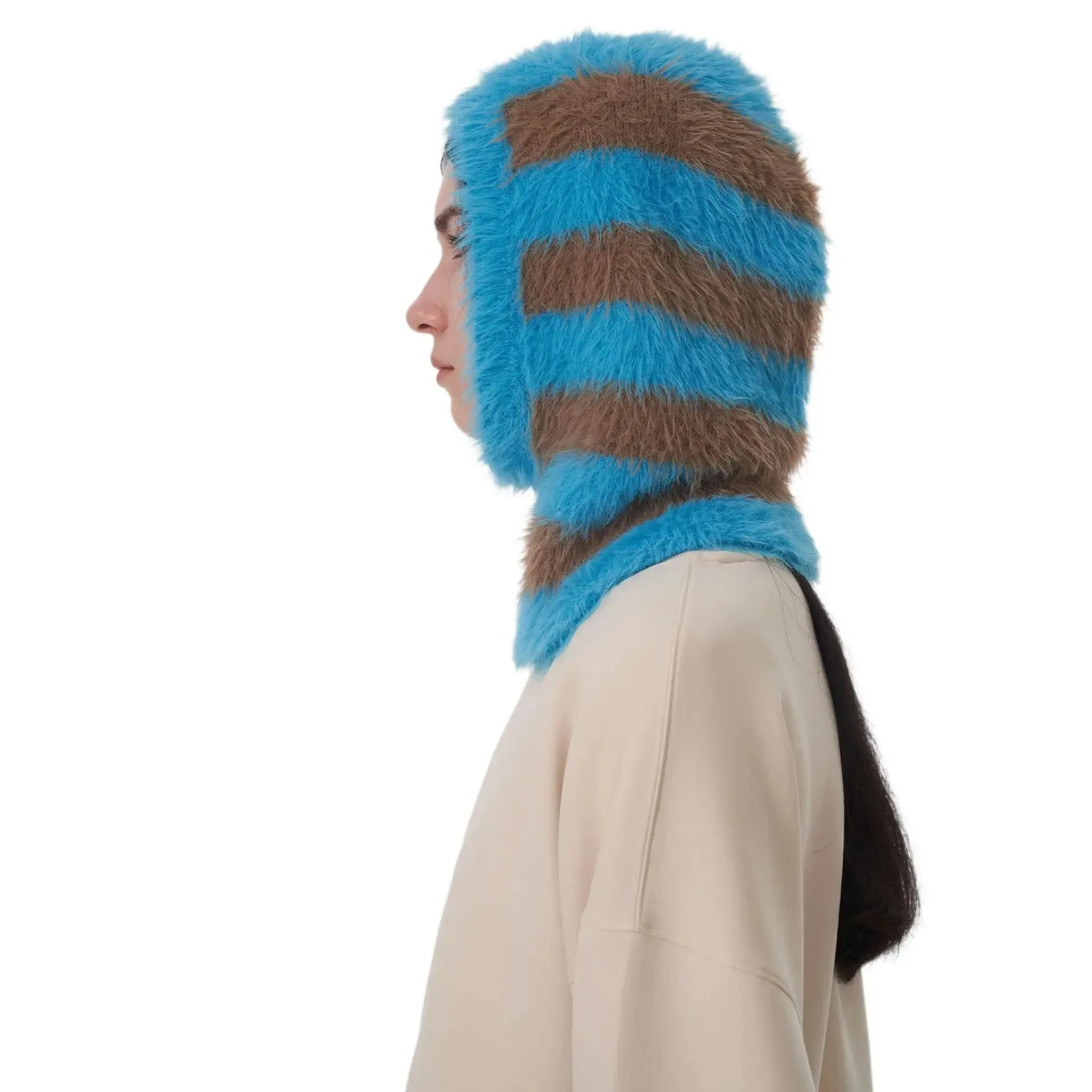 Design Knitted Women's Double Color Stripe Mink Balaclava Cap