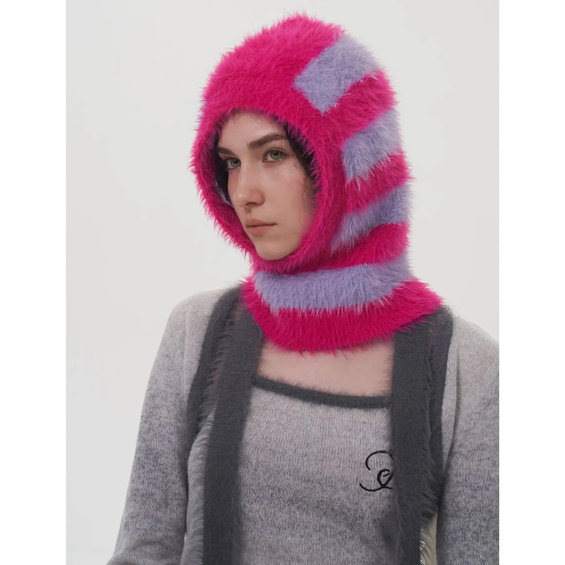 Design Knitted Women's Double Color Stripe Mink Balaclava Cap