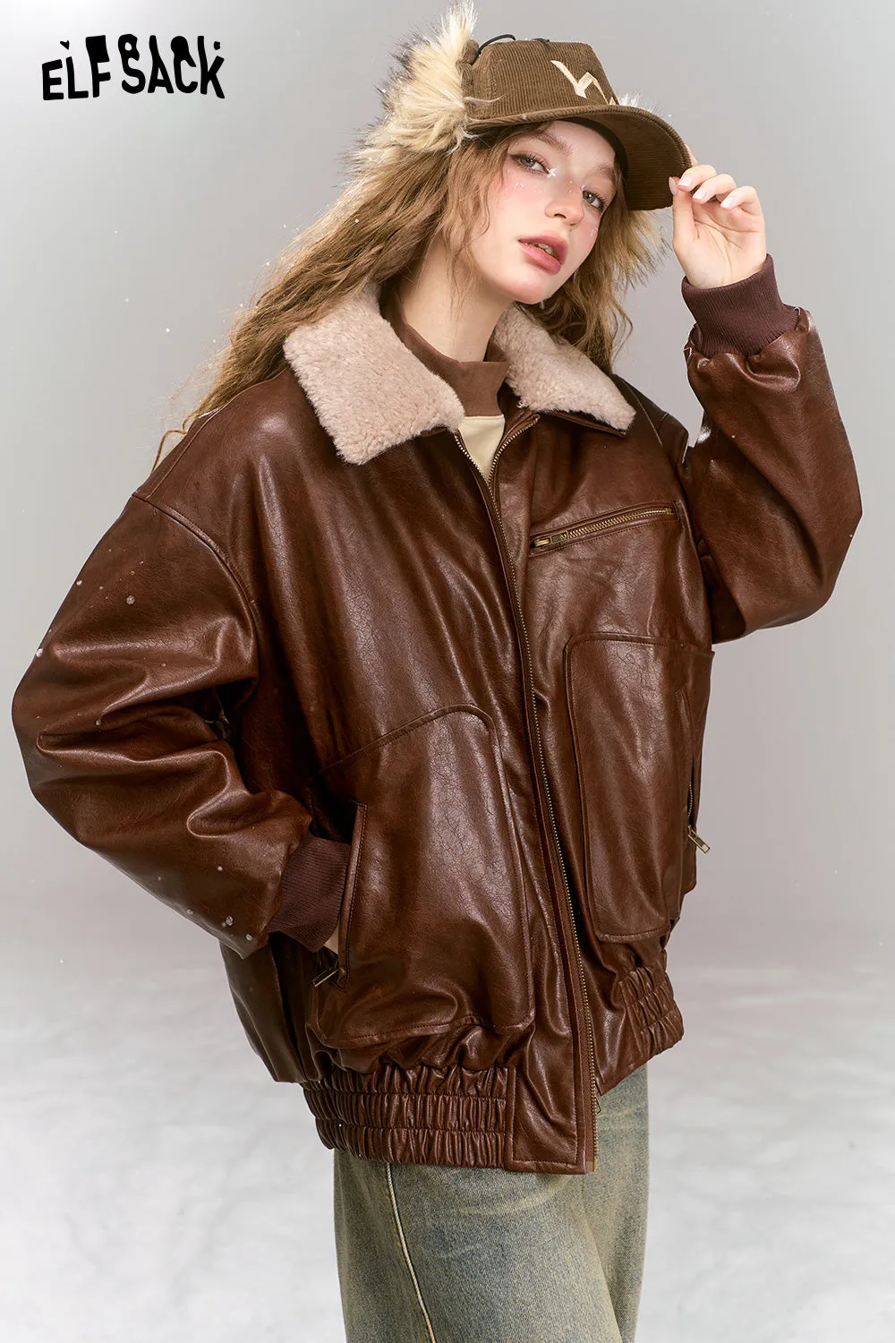 ELFSACK 2024 Winter New Arrivals Vintage brown windproof pu leather jacket