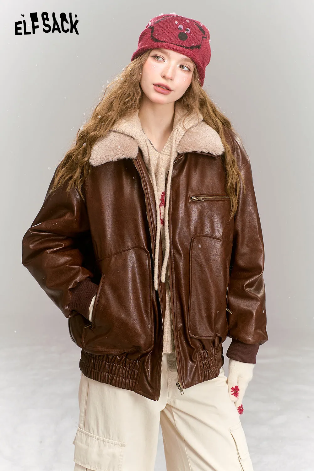 ELFSACK 2024 Winter New Arrivals Vintage brown windproof pu leather jacket