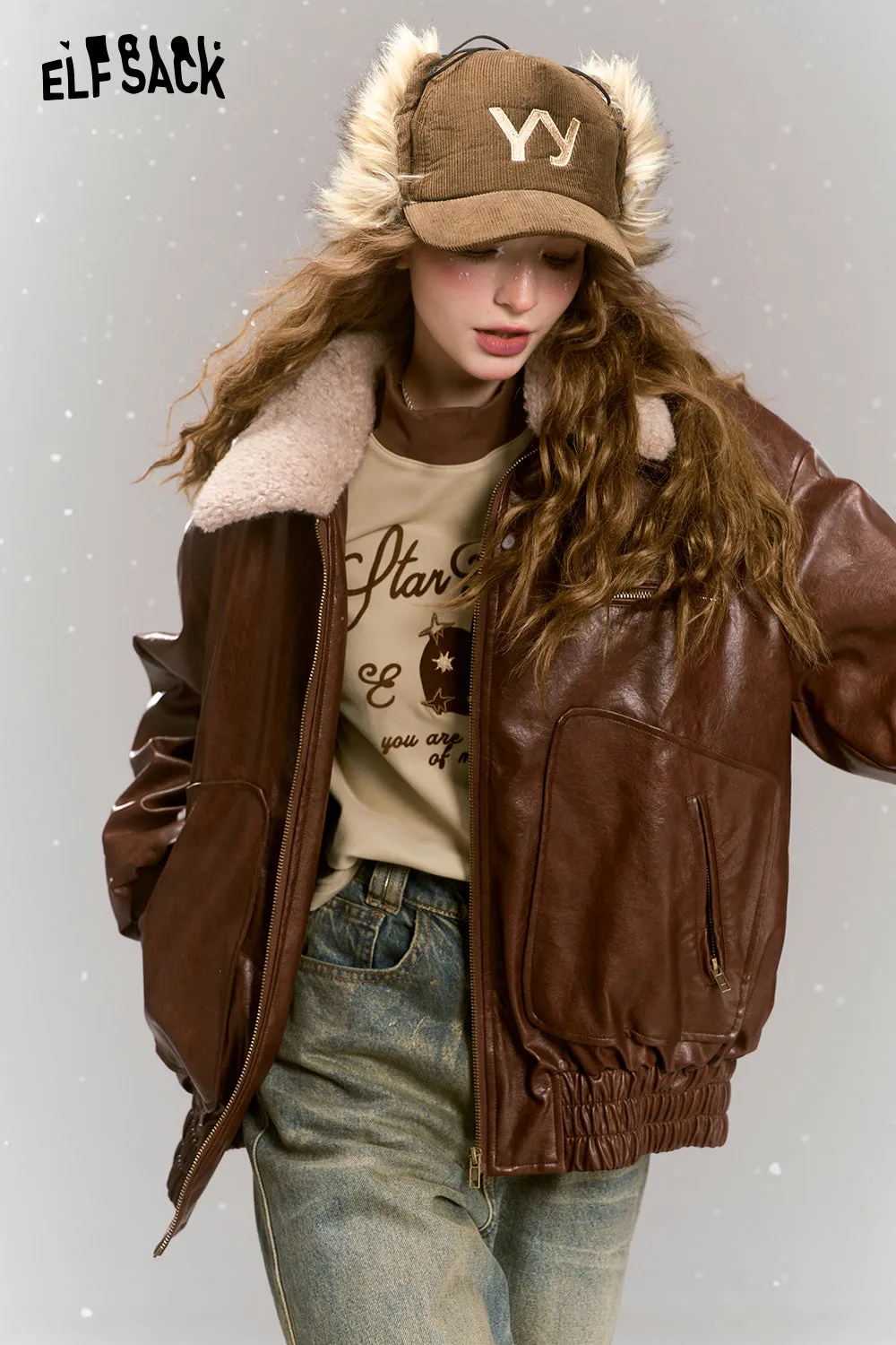 ELFSACK 2024 Winter New Arrivals Vintage brown windproof pu leather jacket