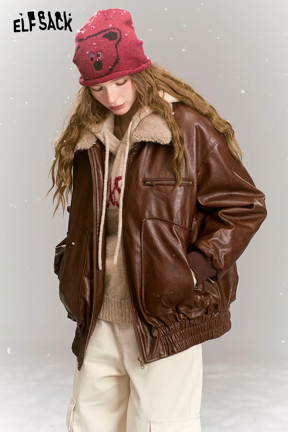 ELFSACK 2024 Winter New Arrivals Vintage brown windproof pu leather jacket