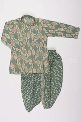 Emerald Ensemble: Green Bagh Print Kurta & Sea Wave Dhoti Panjakajam Fusion Set for Boys