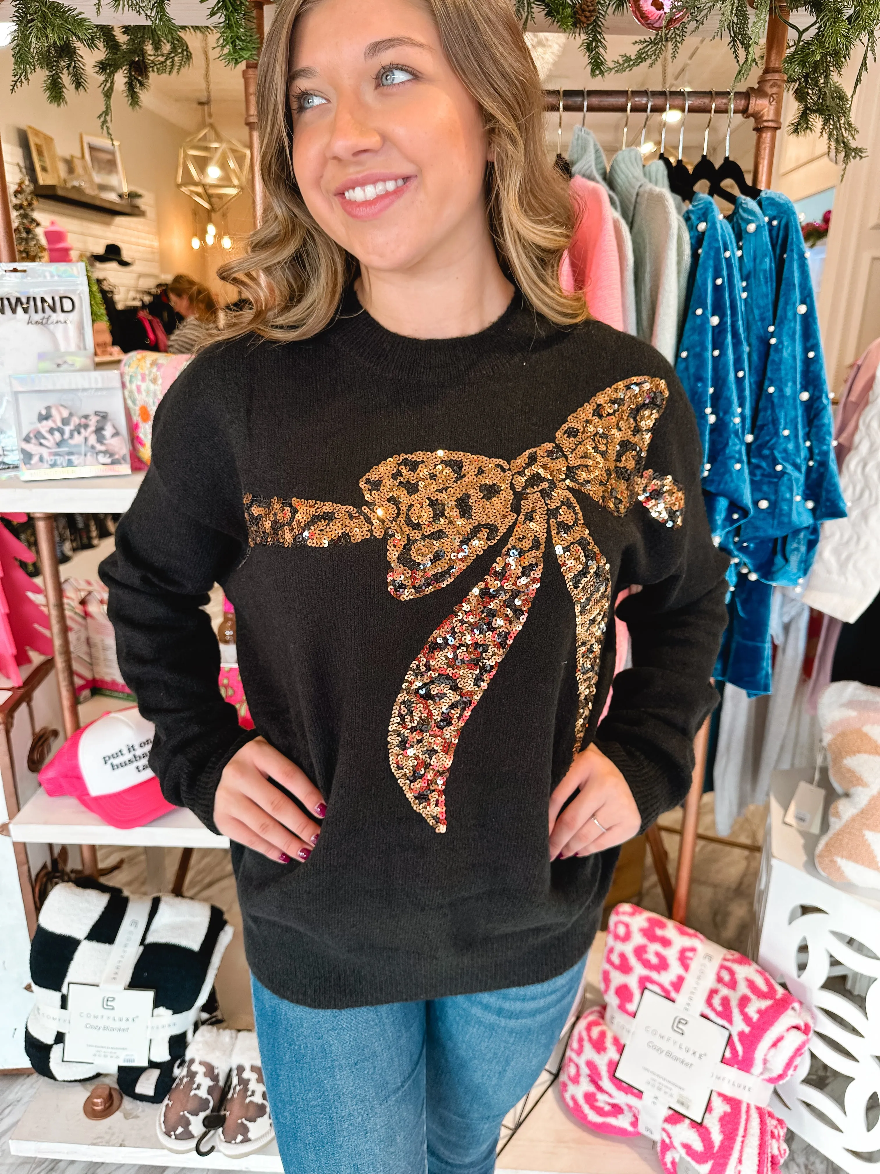 Fabulous Leopard Sequin Bow Sweater