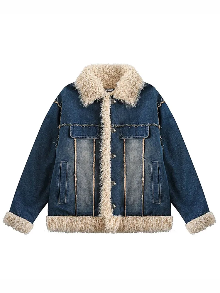 Faux Fur Spliced Fleece Lined Denim Jacket for Women