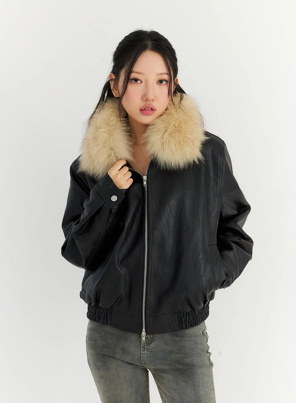 Faux Leather Jacket with Fur Collar CN303