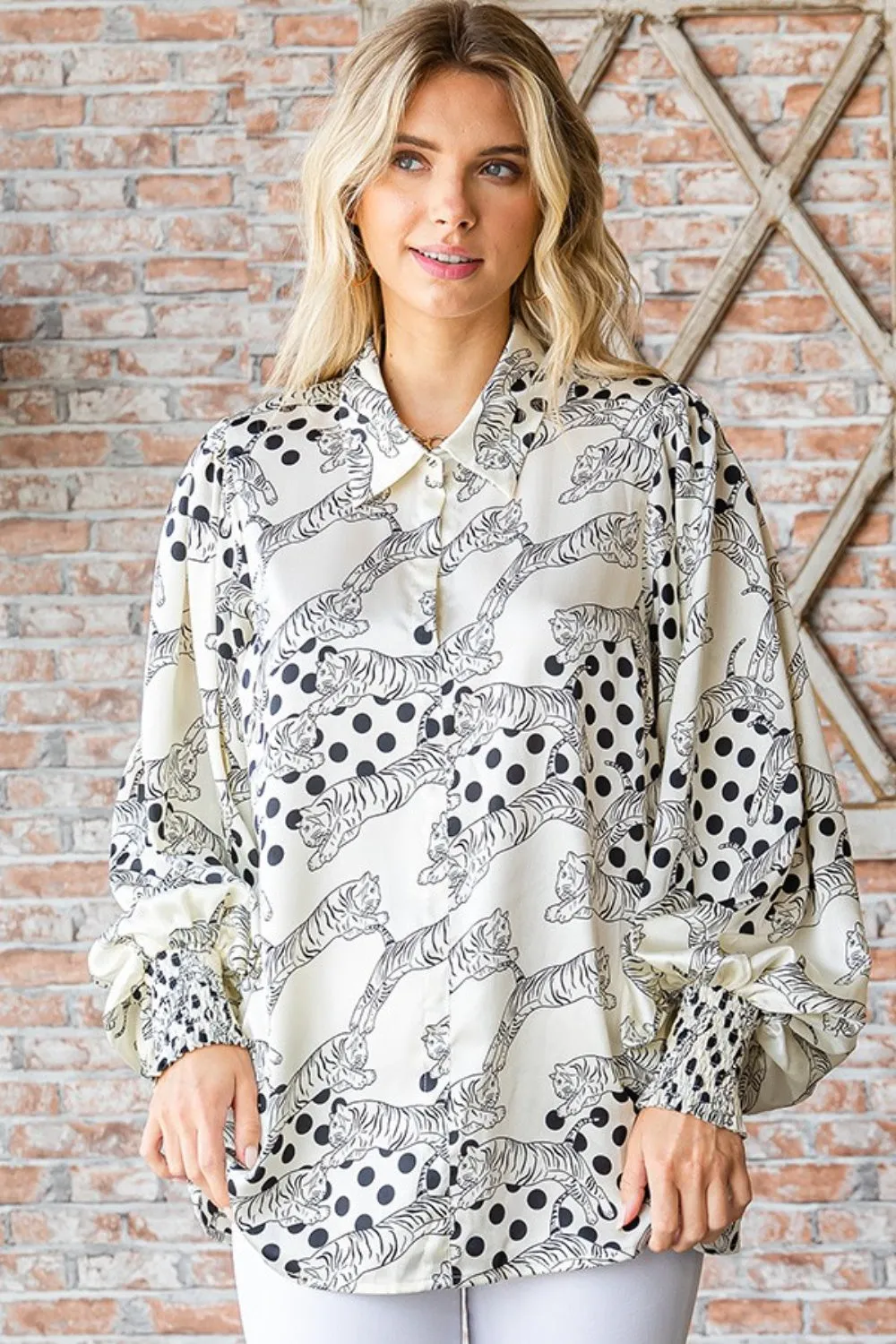 First Love Tiger Print Collared Neck Long Sleeve Satin Shirt