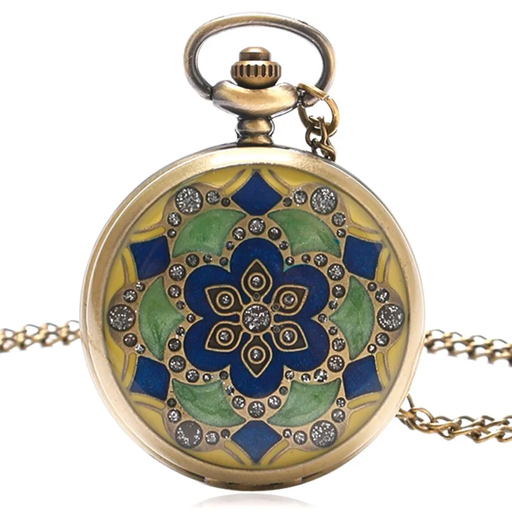 Flower Vintage Style Antique Bronze Pocket Watch Necklace