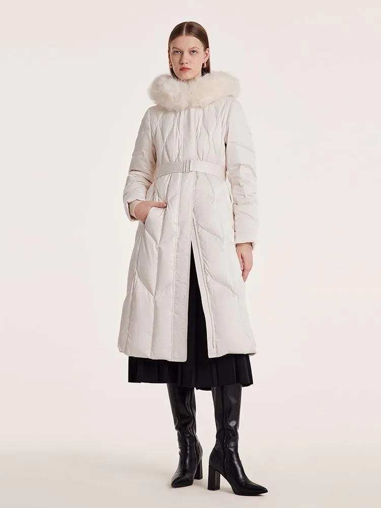 Gathered Waist Long Goose Down Garment With Faux-Fur Collar