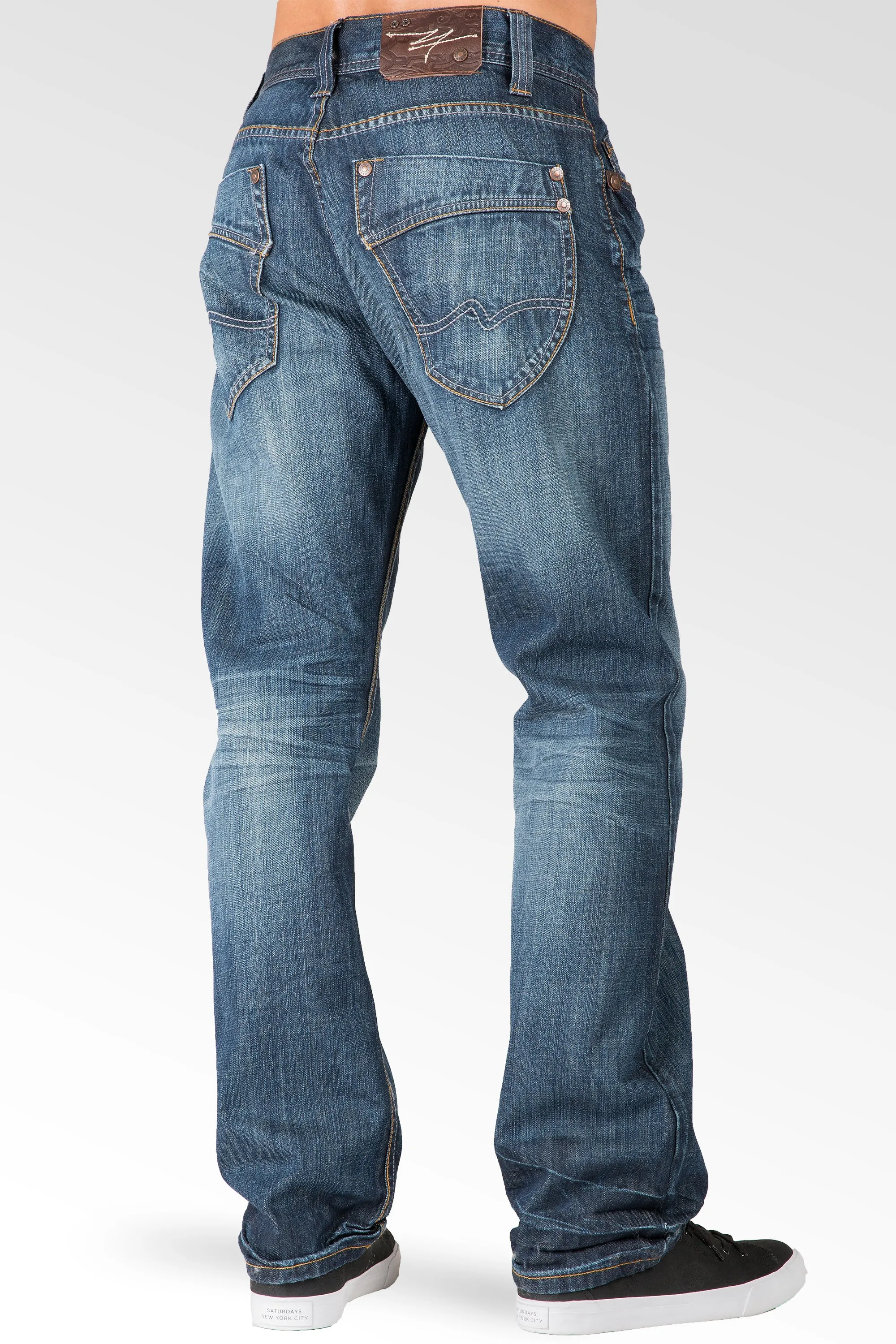 Hand Sanded Blue Relaxed Straight Fit Premium Denim Jeans Whiskering