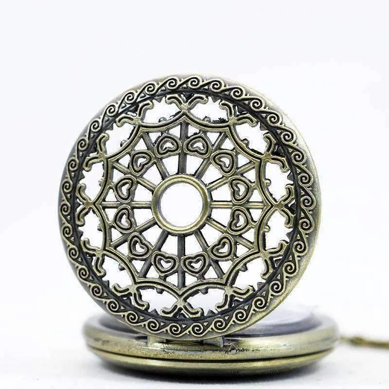 Heart Cut Out Detail Round Pocket Watch - Gunmetal or Bronze