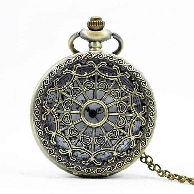 Heart Cut Out Detail Round Pocket Watch - Gunmetal or Bronze