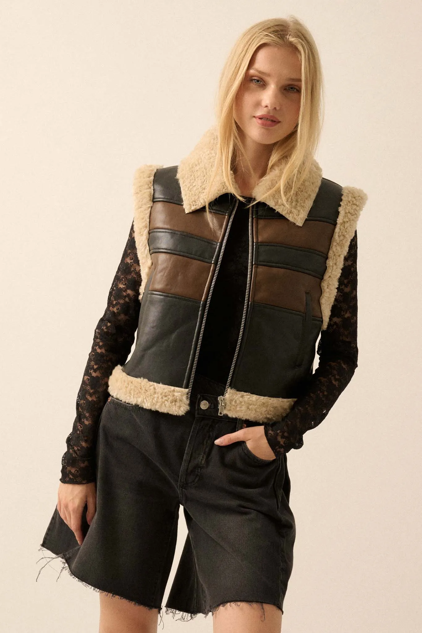 Hit the Highway Fur-Trim Vegan Leather Moto Vest