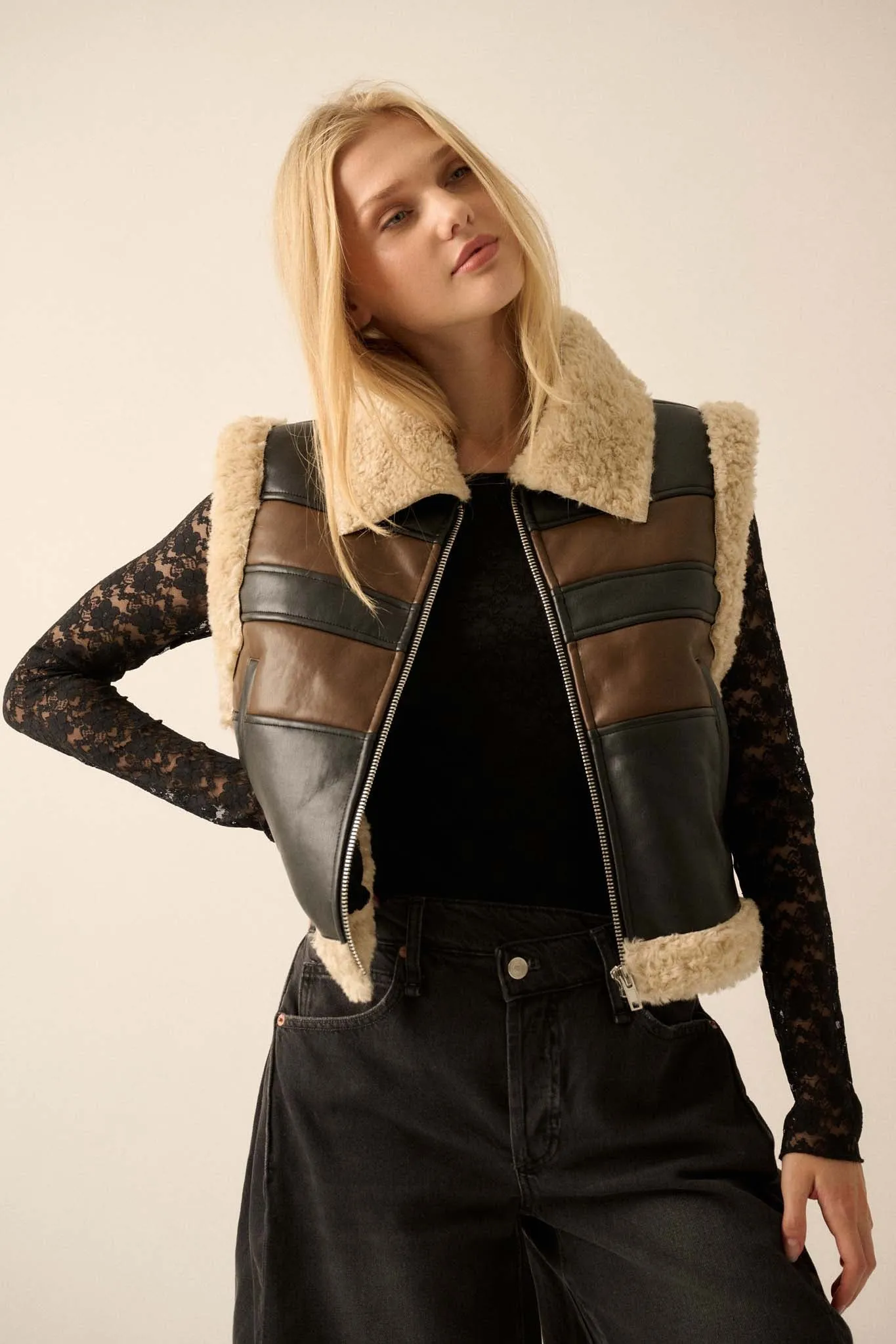 Hit the Highway Fur-Trim Vegan Leather Moto Vest