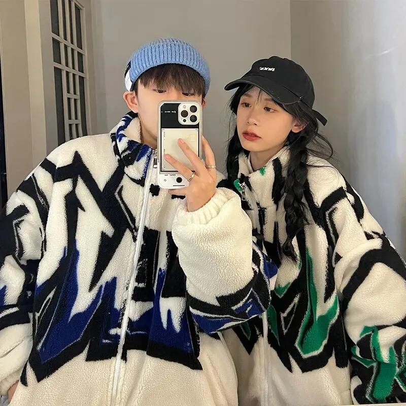 Ilooove - Steetwear Autumn Winter Thick Warm Lambswool Sheep Fur Like Women Oversize Coat Unisex Men Coaches Bomber Varsity Jakcet Couple