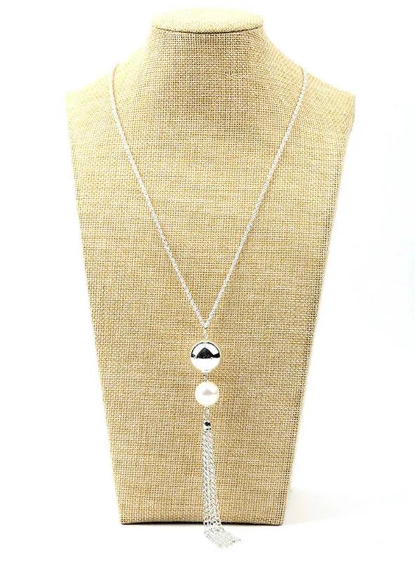 Imitation Pearl Beads Tassels Pendant Long Sweater Chain Necklace