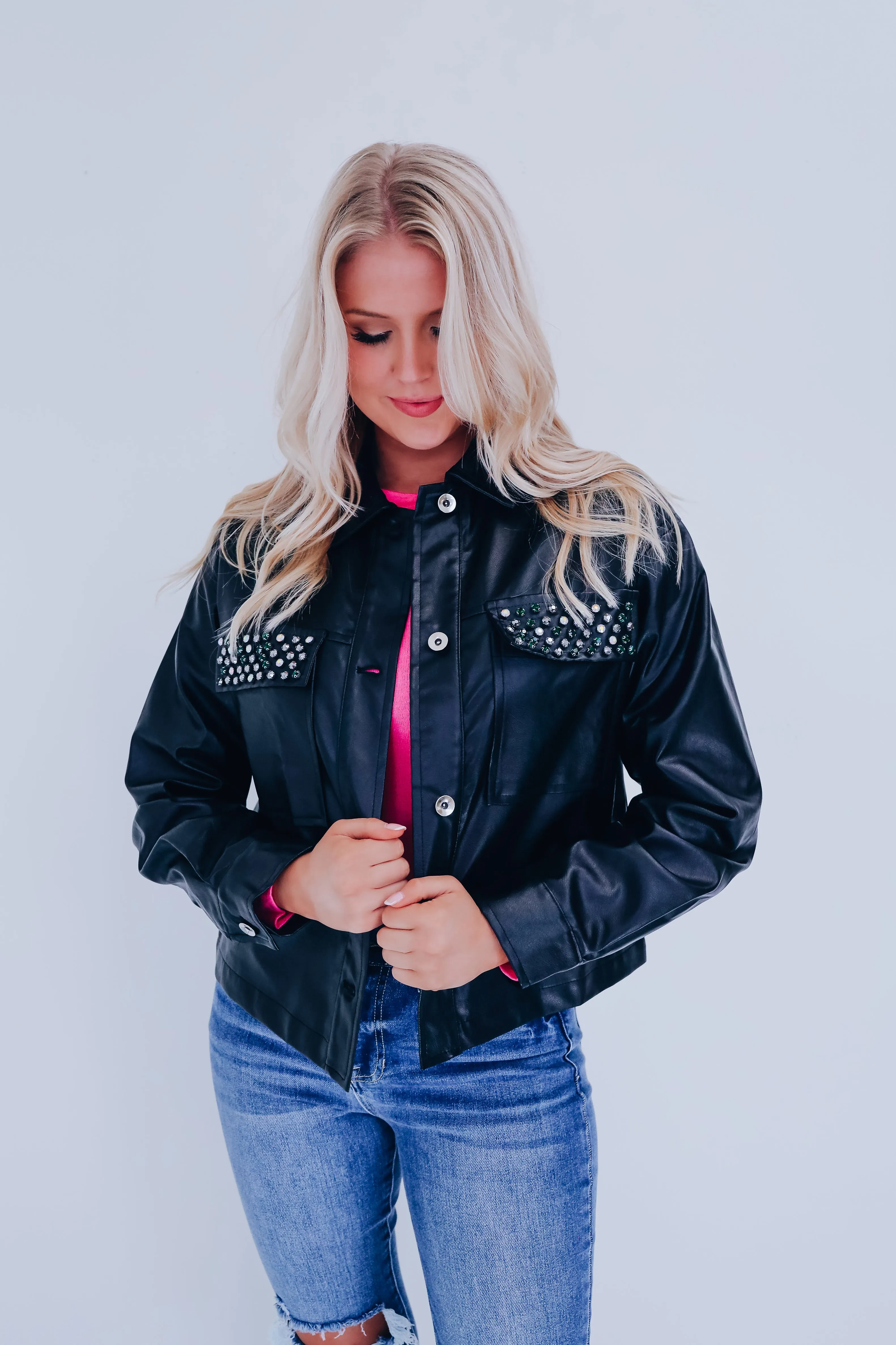 Jackie Jeweled Faux Leather Jacket - Black