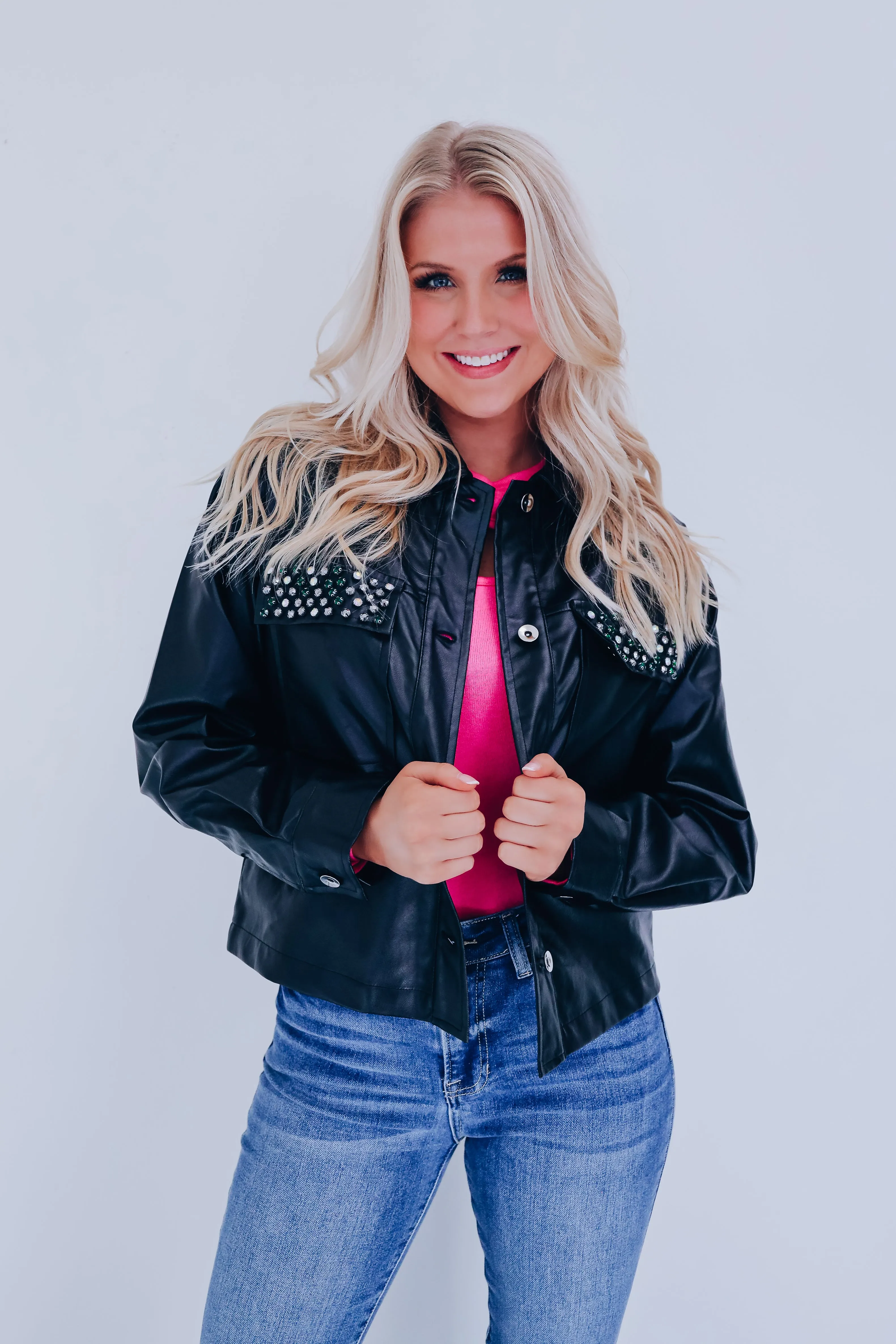 Jackie Jeweled Faux Leather Jacket - Black