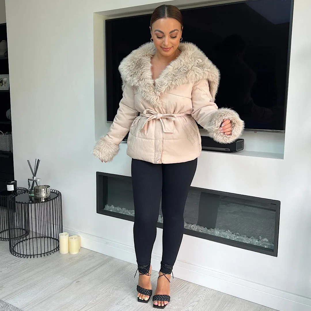 JORDANNA Beige Faux Fur Cuff & Collar Hooded Coat