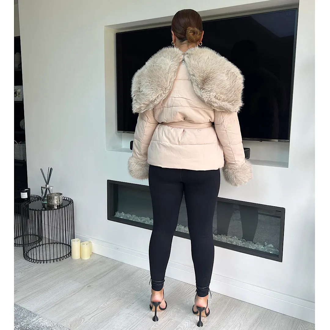 JORDANNA Beige Faux Fur Cuff & Collar Hooded Coat