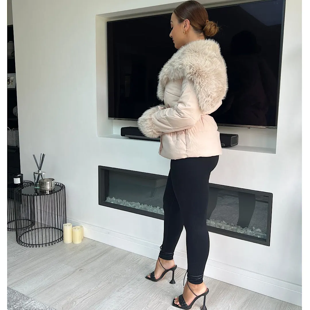 JORDANNA Beige Faux Fur Cuff & Collar Hooded Coat