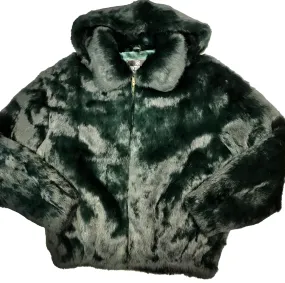 Kashani Men's Olive Green Rabbit Fur Hooded Bomber Jacket