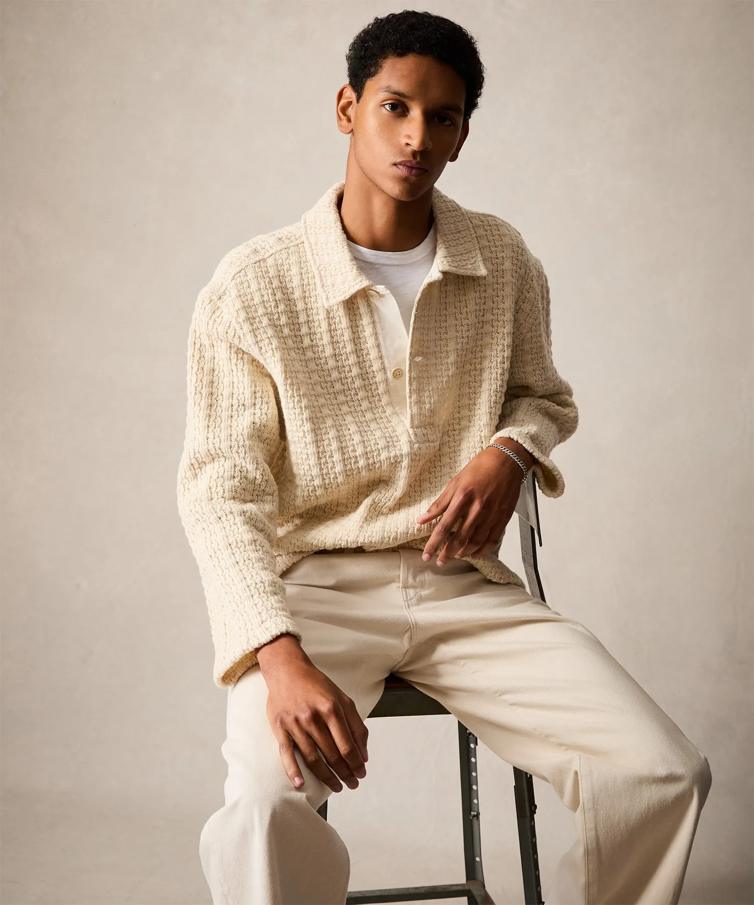 Knit Wool Sweater Polo in Natural