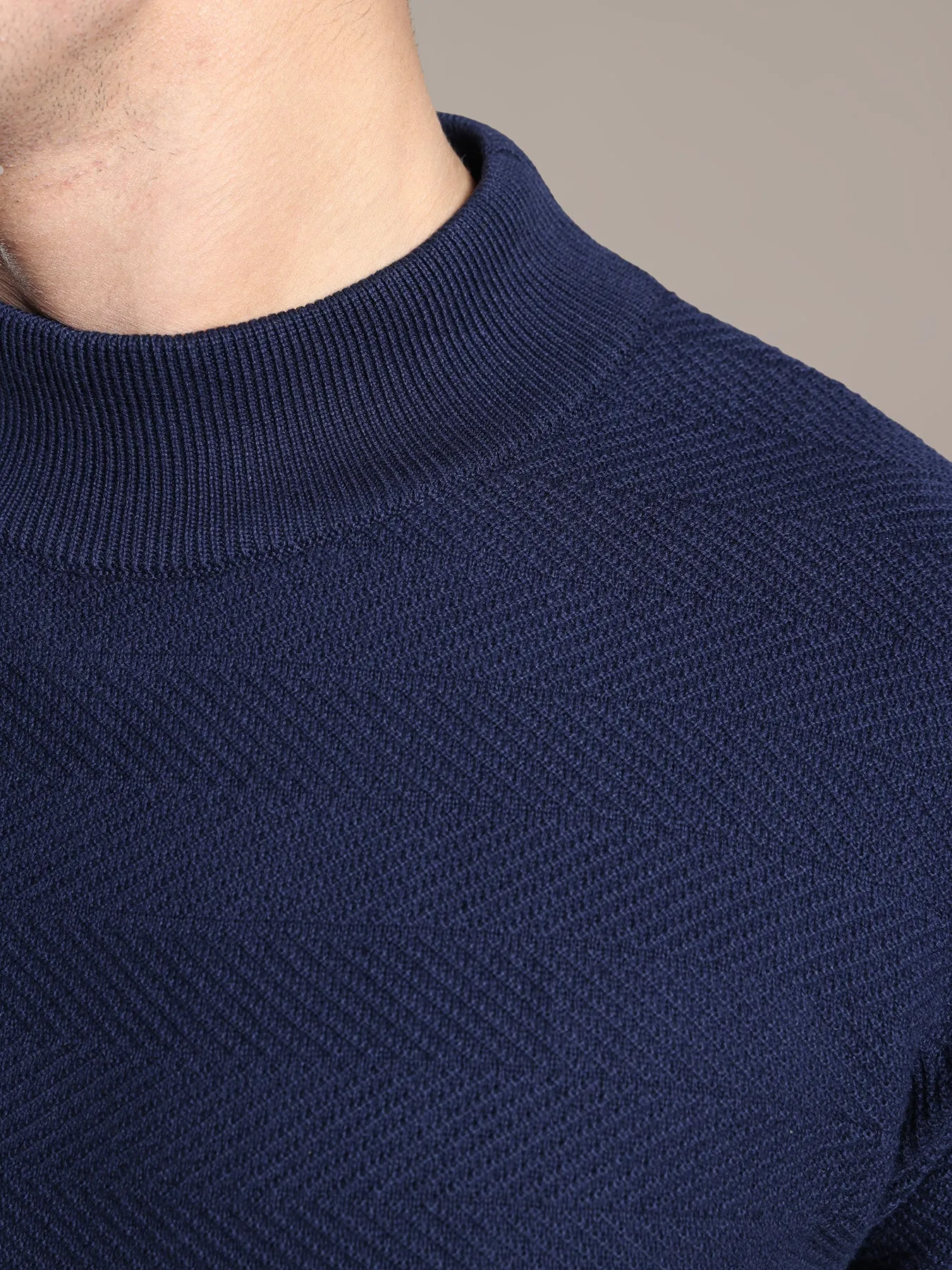 Knitted Navy Blue Plain Regular Fit Full Sleeve Casual Pullover