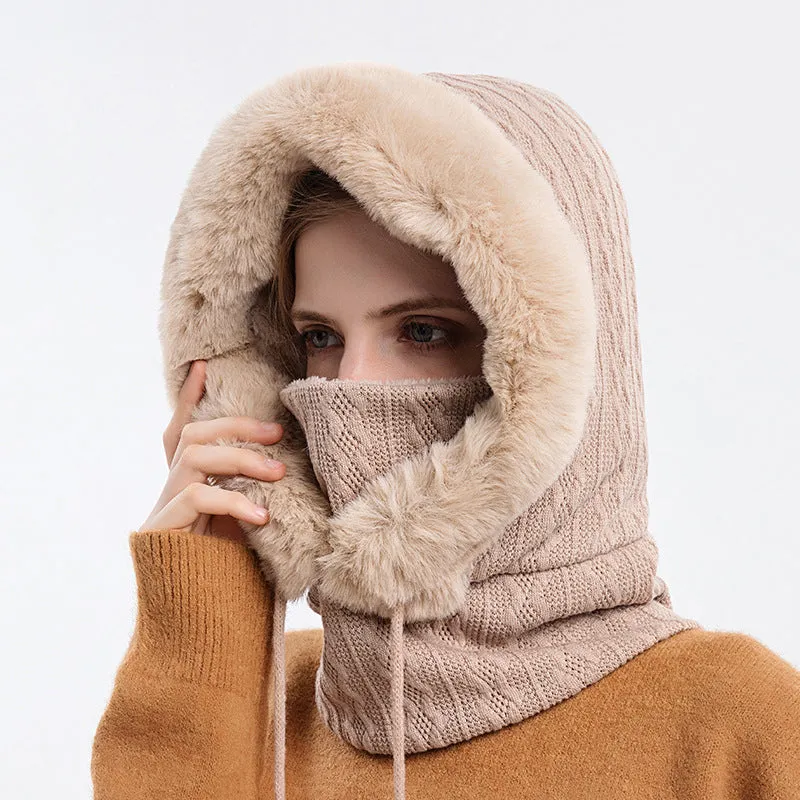 Knitted Warm Fleece Beanies Hats Women Winter Hooded Scarf Windproof Hat