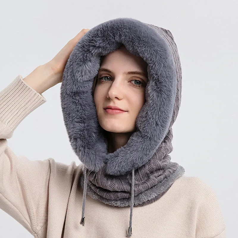 Knitted Warm Fleece Beanies Hats Women Winter Hooded Scarf Windproof Hat