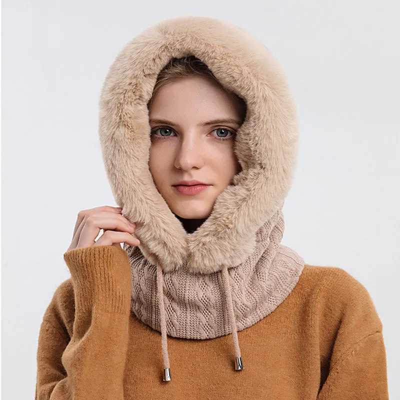 Knitted Warm Fleece Beanies Hats Women Winter Hooded Scarf Windproof Hat